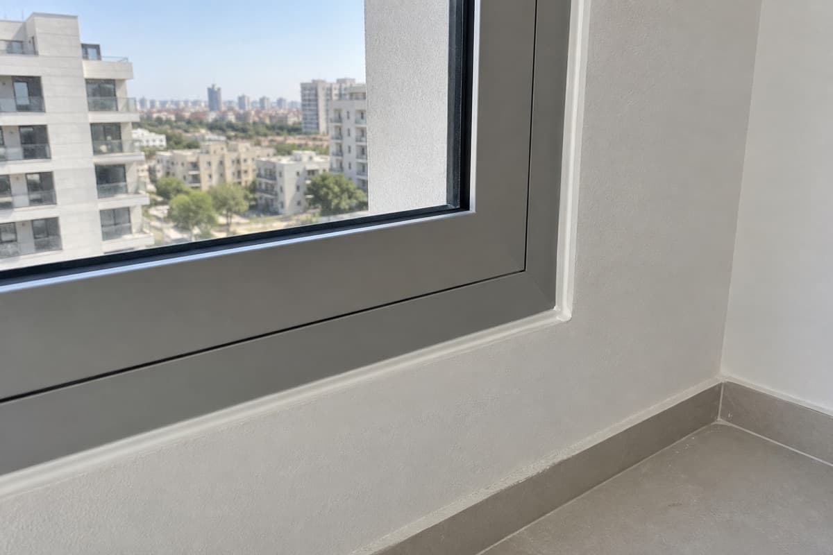 מסגרת חלון האלומיניום אחרי התיקון, עם פס איטום רציף בין המסגרת לטיח