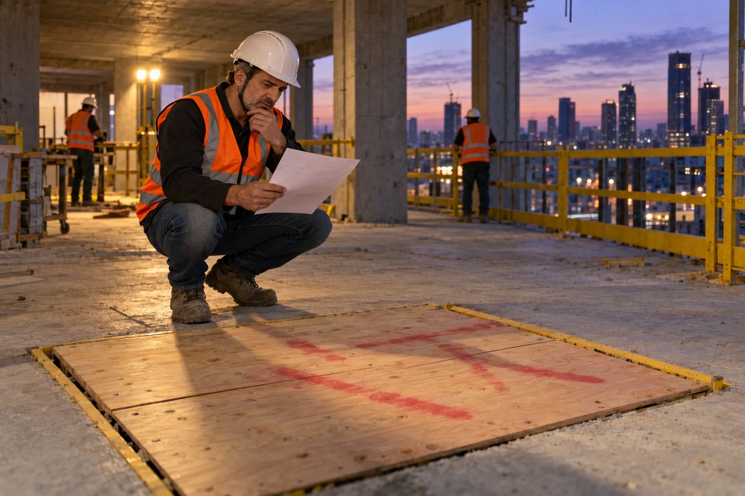 ממונה בטיחות ליד פתח מכוסה בתקרה, מחזיק דוח מודפס