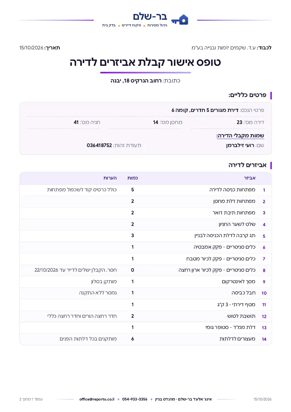 עמוד השער של טופס אישור קבלת אביזרים לדירה