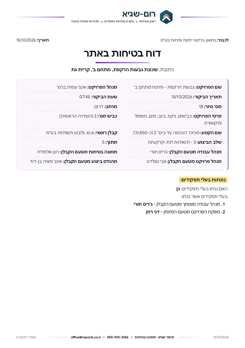 דוח סיור בטיחות – אתר פיתוח ותשתיות, עמוד 1 מתוך 6