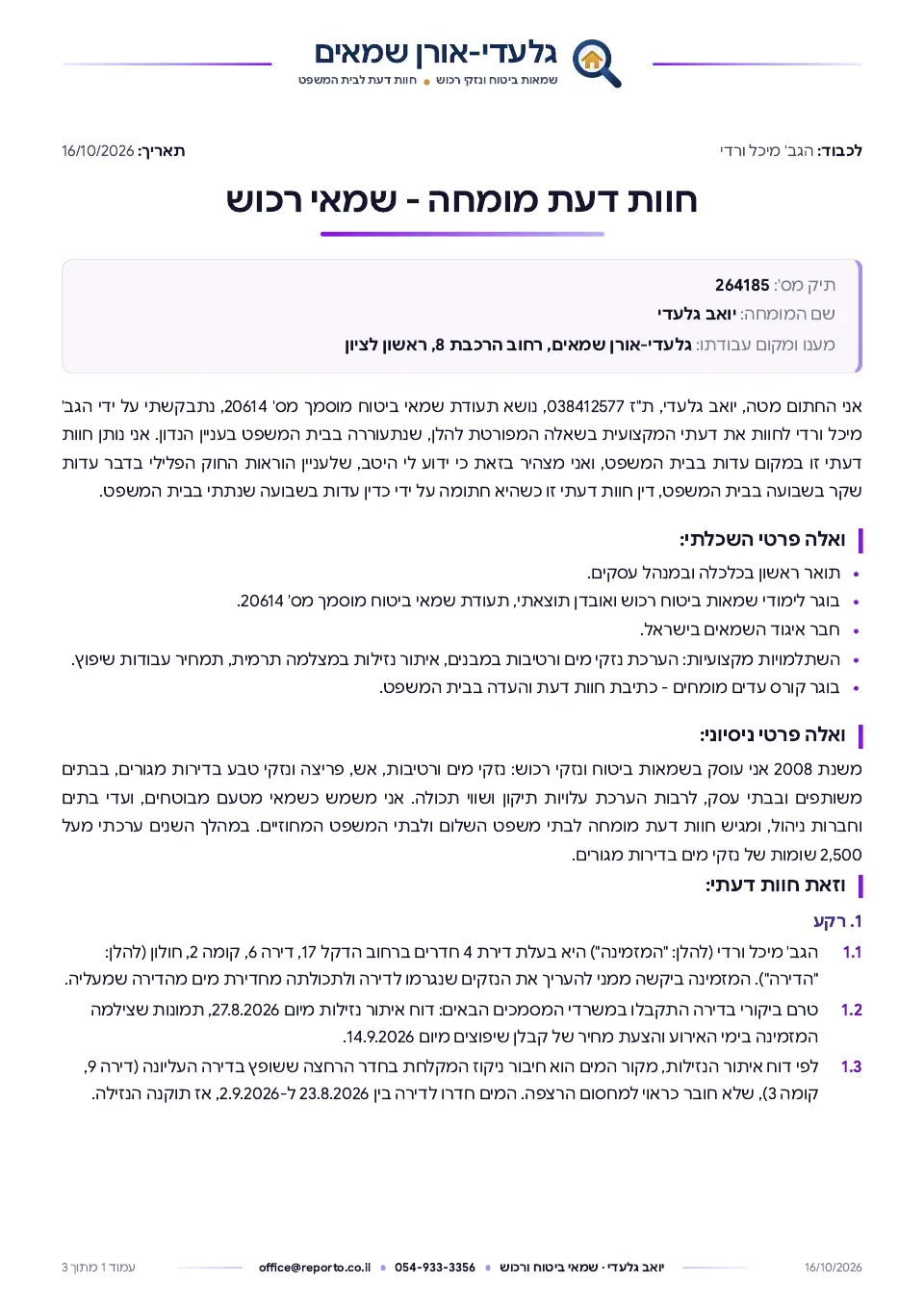 עמוד השער של חוות דעת מומחה – שמאי רכוש