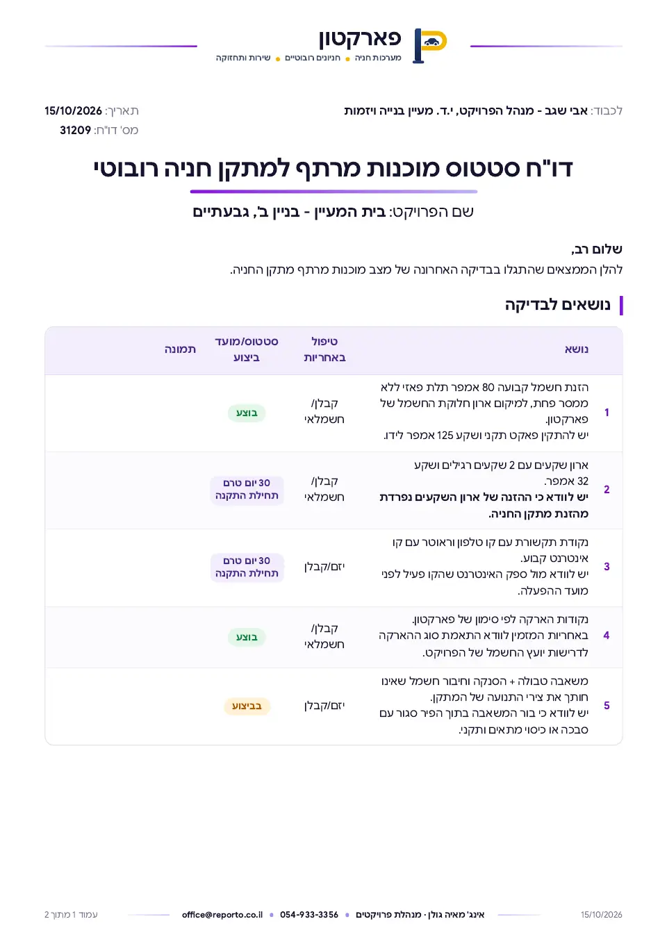 עמוד השער של דוח מוכנות מרתף למתקן חניה רובוטי