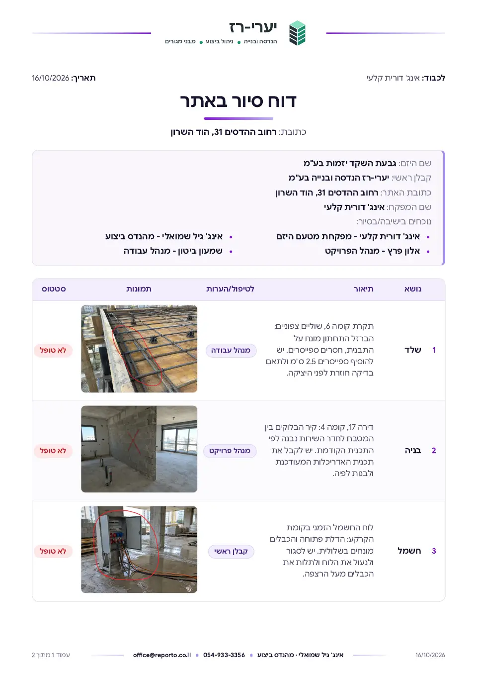 עמוד השער של דוח ליקויים וממצאים באתר