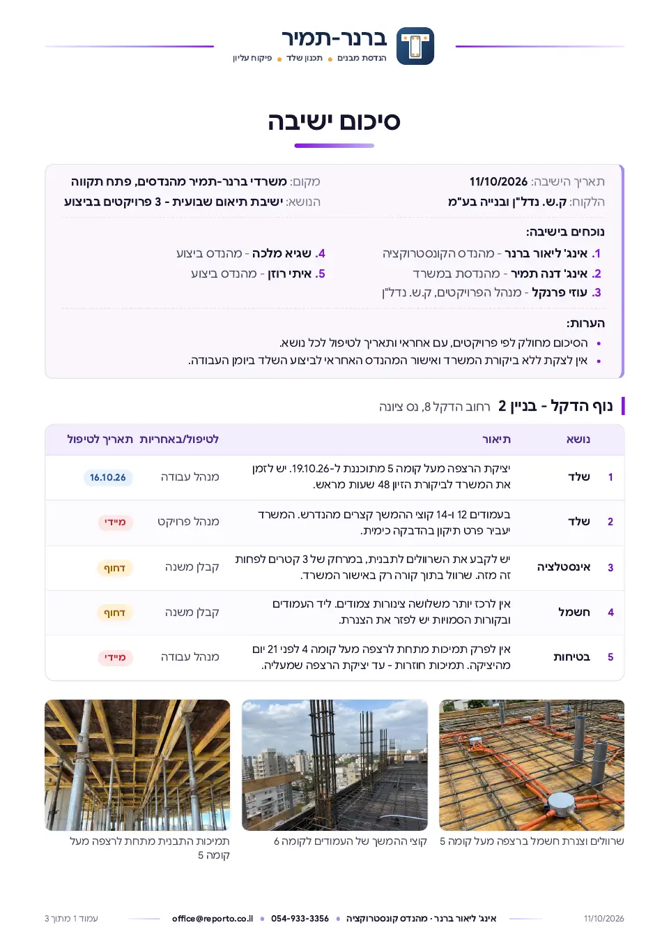 עמוד השער של סיכום ישיבה לפי פרויקטים – קונסטרוקציה